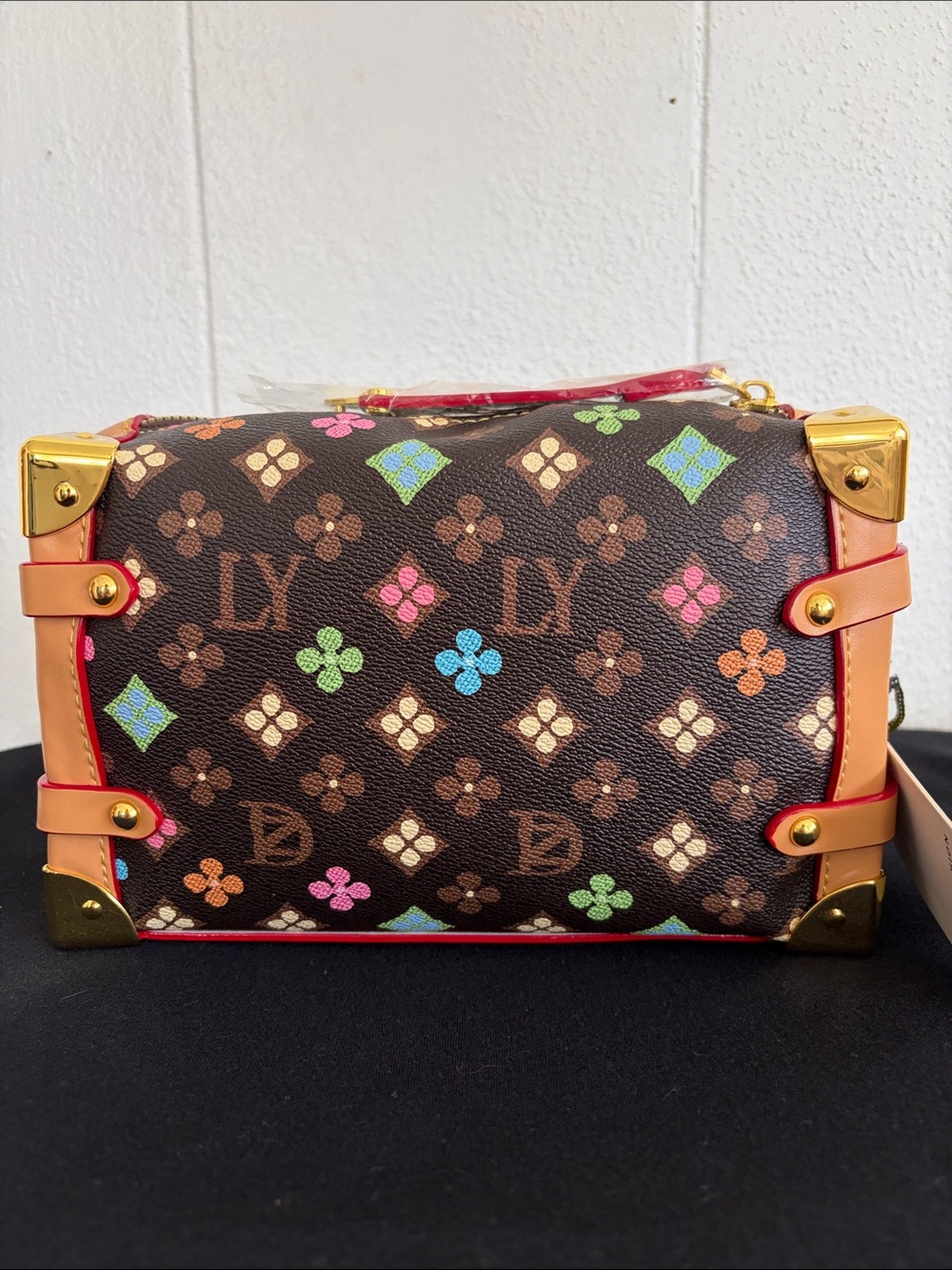 Classic Fashion Brown Multicolor Floral Accent Trunk Crossbody Bag
